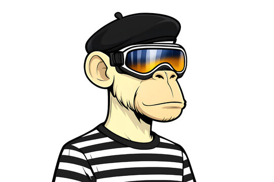 Illustrated monkey wearing a black beret and orange ski goggles